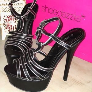 NIB Black strappy high heels with silver accent